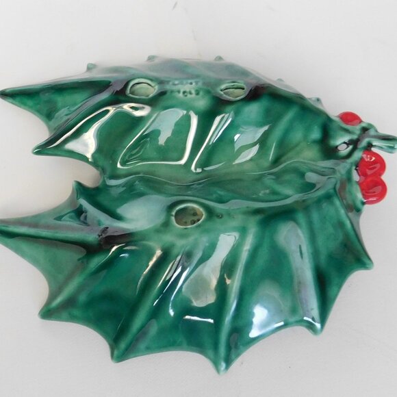Green Holly Leaf Berry Stem Christmas Candy Dish VTG 70's Atlantic Mold - Picture 5 of 7